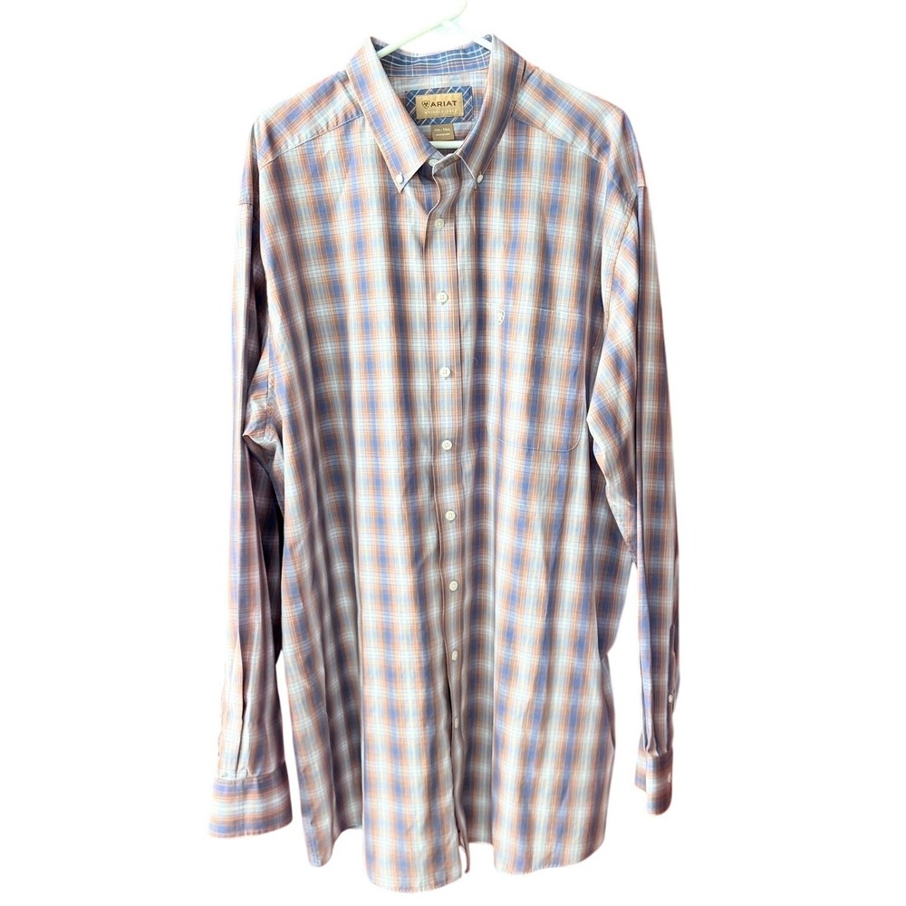 Ariat Wrinkle Free Mens XXL Tall Blue Orange Plaid Western Button Down Shirt